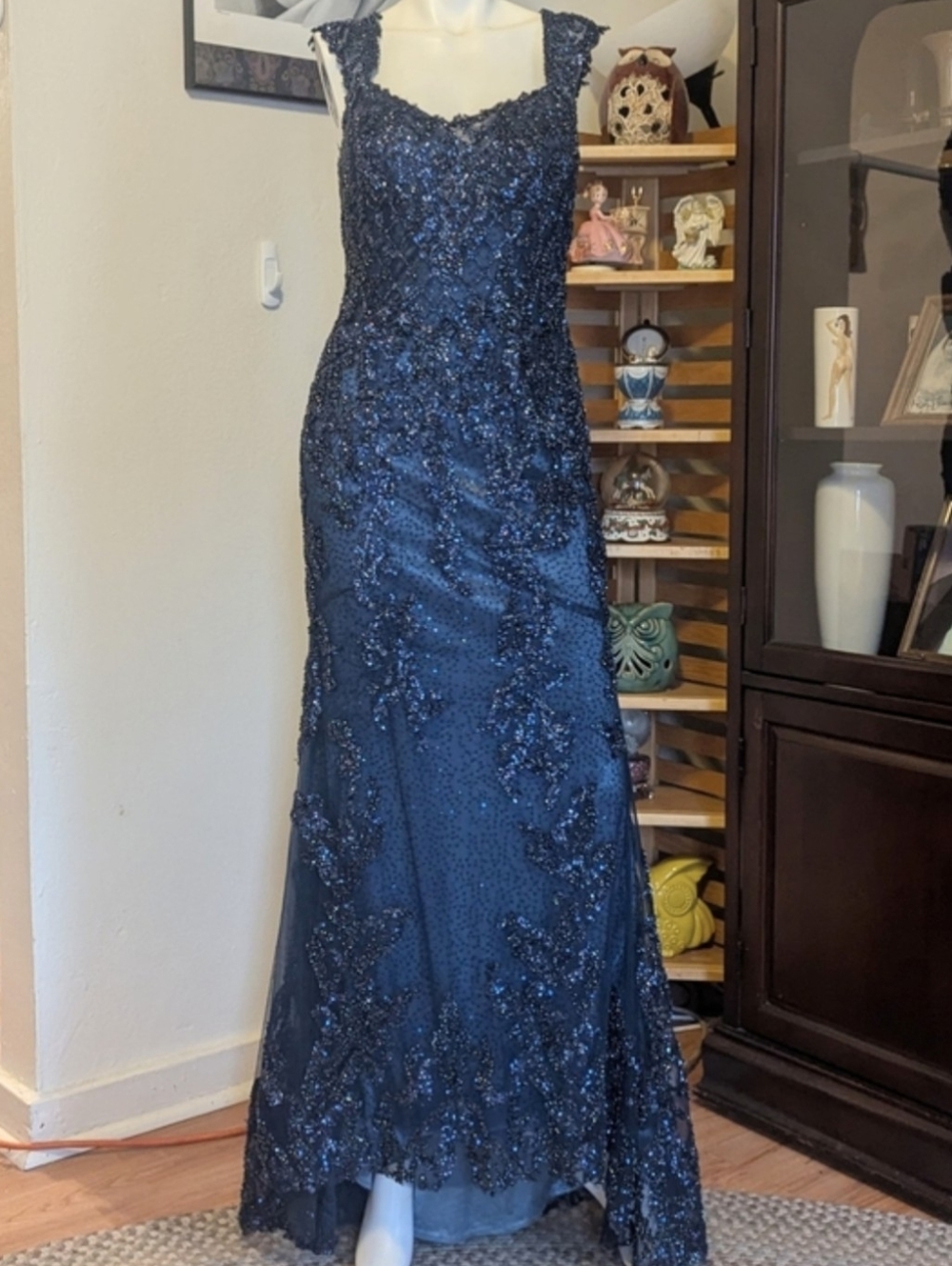 Montage By Mon Cheri Navy Blue Beaded Gown